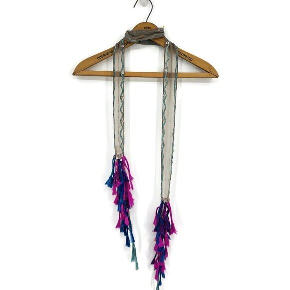 New Chan Luu Patchwork Fringe Chiffon Skinny Scarf Buttons 70" Gray Pink Blue - Picture 3 of 8